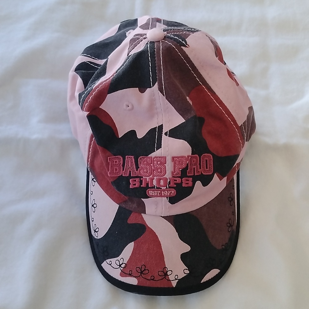 Bass Pro Shops Pink and Black Camo Baseball Cap /Hat with Velcro Adjustable Back